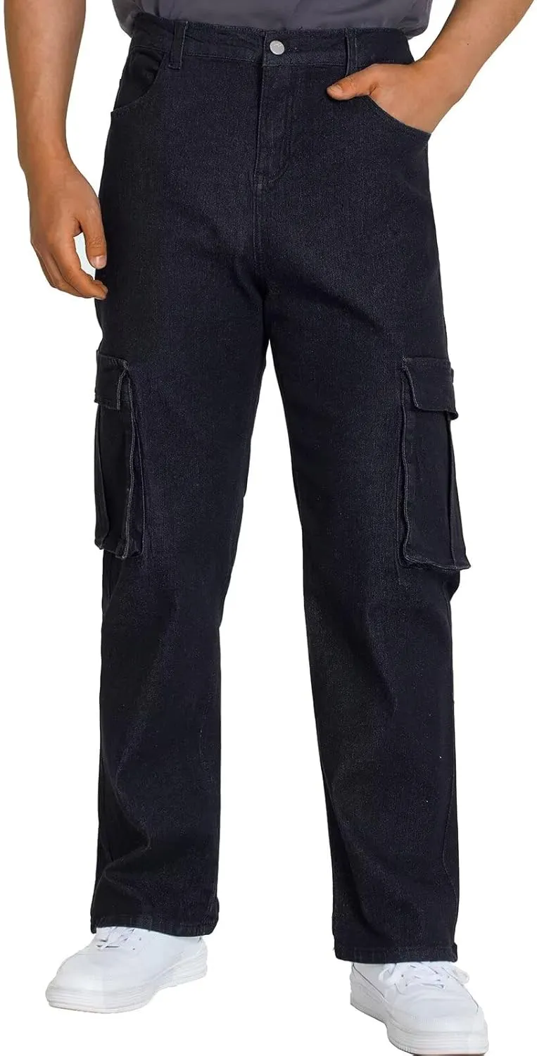 EDITCOZY Men's Cargo Jeans Elastic Waist 6 Pockets Loose Fit Carpenter Jeans Straight Leg Relaxed Fit Pants