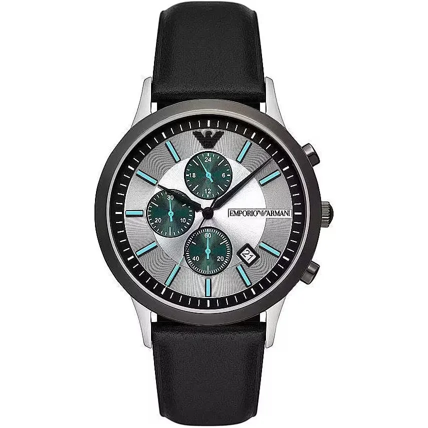 Emporio Armani Elegant Silver Dial Leather Chronograph