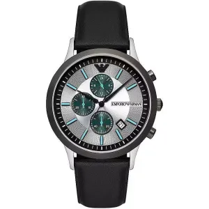 Emporio Armani Elegant Silver Dial Leather Chronograph