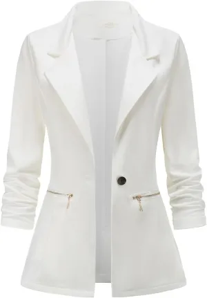 Genhoo Womens Casual Blazer Long Sleeve Cardigan Work Fitting Knit Boyfriend Blazers with Zip Pockets Off-White M
