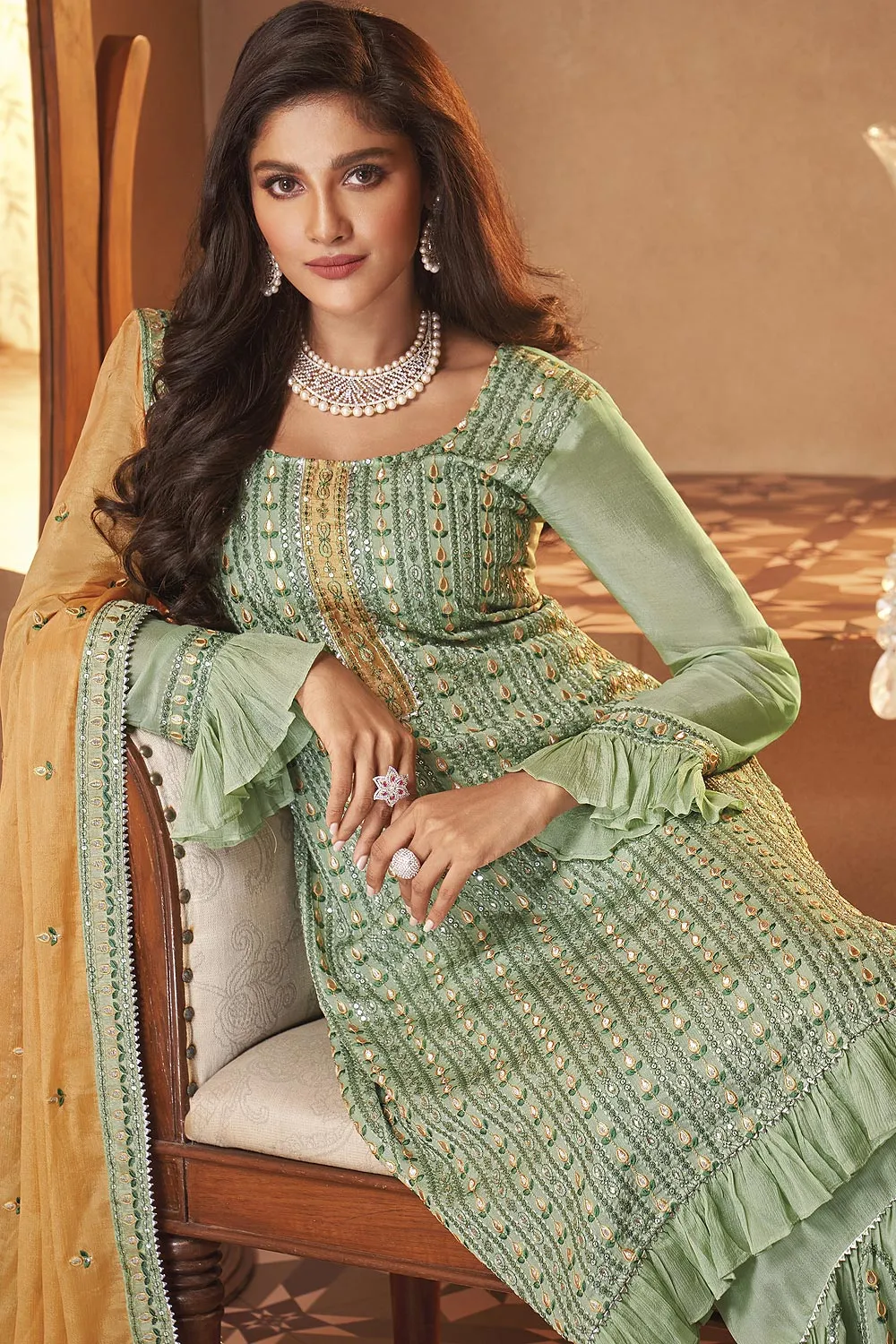Georgette Pista Green Mirror Embroidered Sharara Suit
