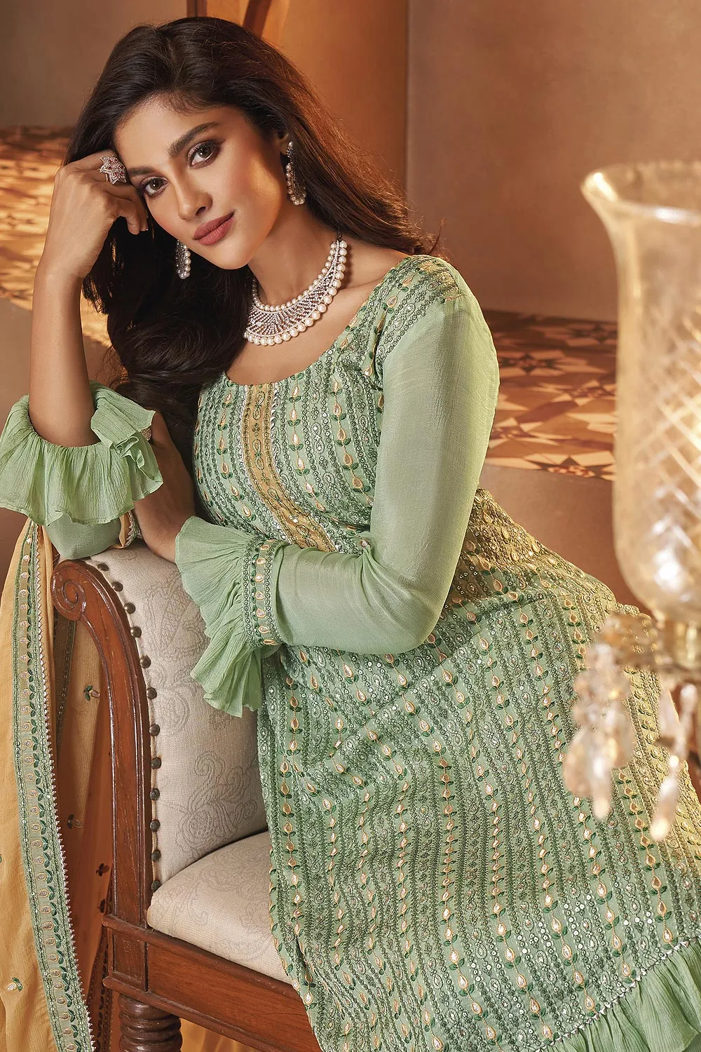 Georgette Pista Green Mirror Embroidered Sharara Suit