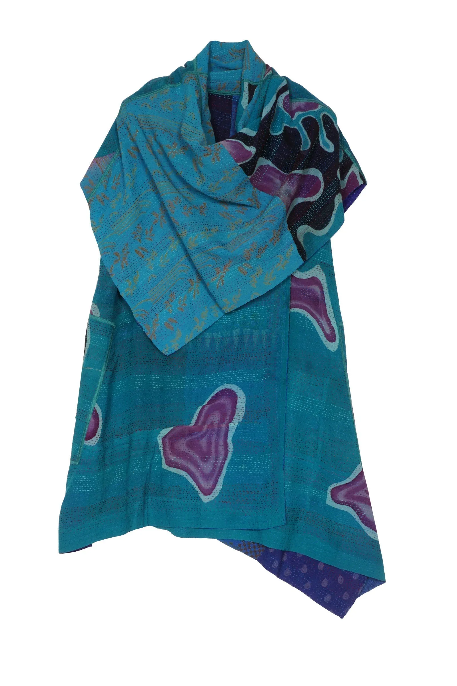 GEORGETTE VINTAGE SILK PATCH KANTHA COWL NECK FLARE TOP - gs2529-blu -