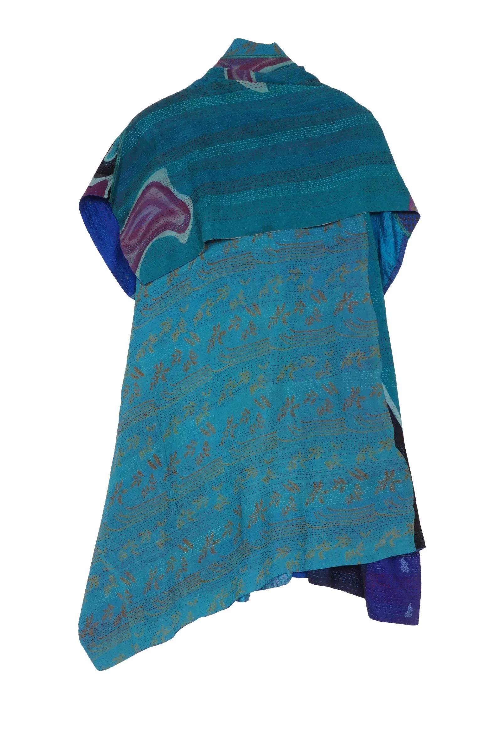 GEORGETTE VINTAGE SILK PATCH KANTHA COWL NECK FLARE TOP - gs2529-blu -