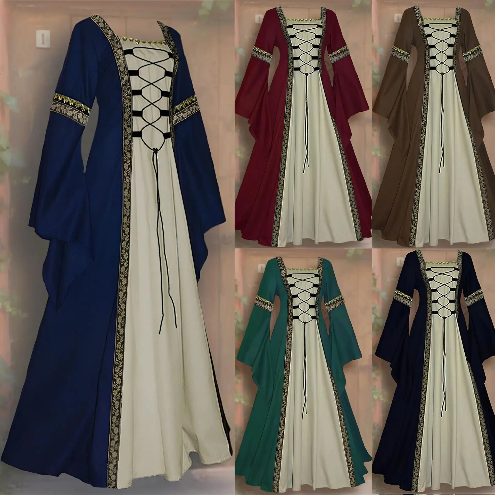 Girlary Halloween Women European Medieval Court Fancy Vampire Cosplay Costume Carnival Vintage Strapless Long Sleeve Elegant Dress