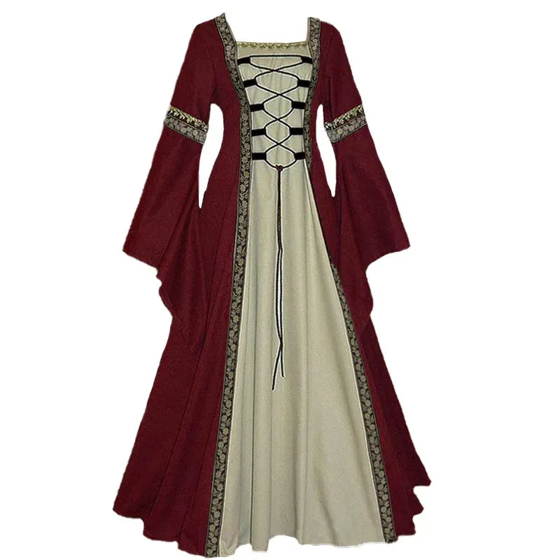 Girlary Halloween Women European Medieval Court Fancy Vampire Cosplay Costume Carnival Vintage Strapless Long Sleeve Elegant Dress