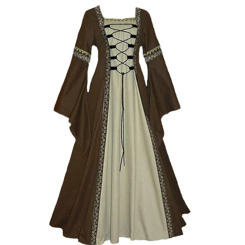 Girlary Halloween Women European Medieval Court Fancy Vampire Cosplay Costume Carnival Vintage Strapless Long Sleeve Elegant Dress
