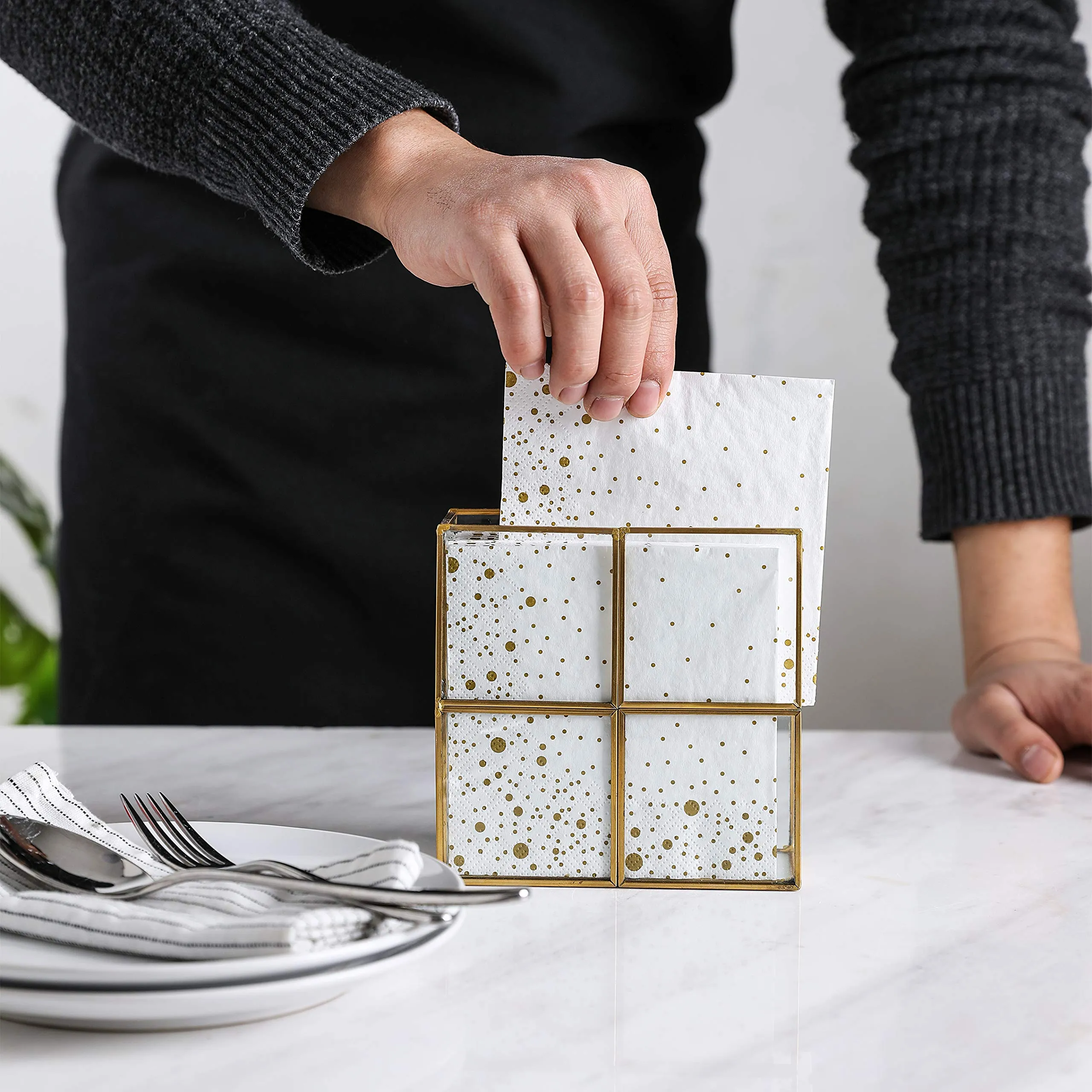 Glass Napkin Holder with Golden Gird Metal for Dining Table -Upright Paper Napkin