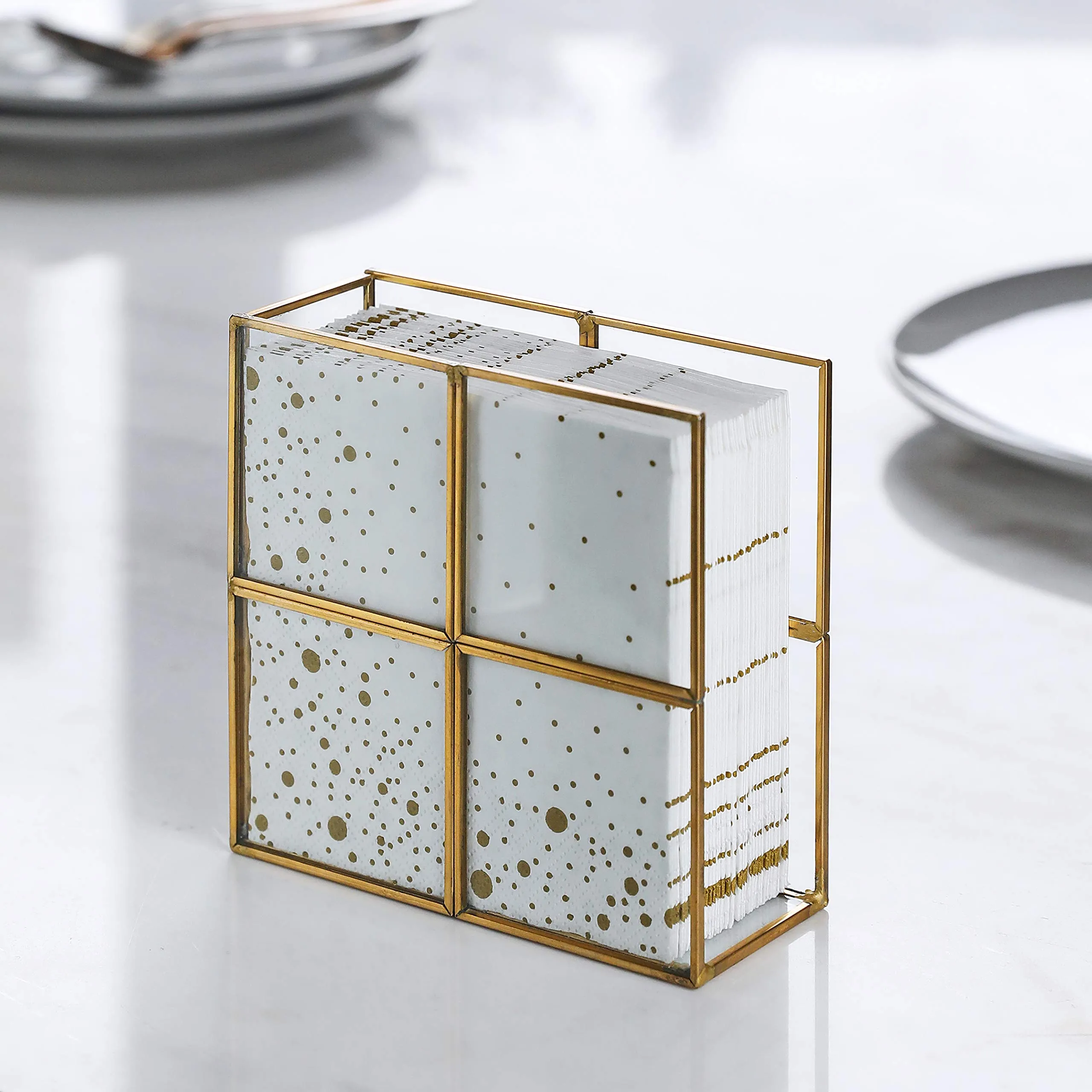 Glass Napkin Holder with Golden Gird Metal for Dining Table -Upright Paper Napkin