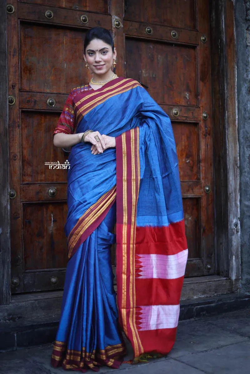 Handloom Cotton Viscose Ilkal Saree with Pure Resham Pallu - Royal Blue with Red Border