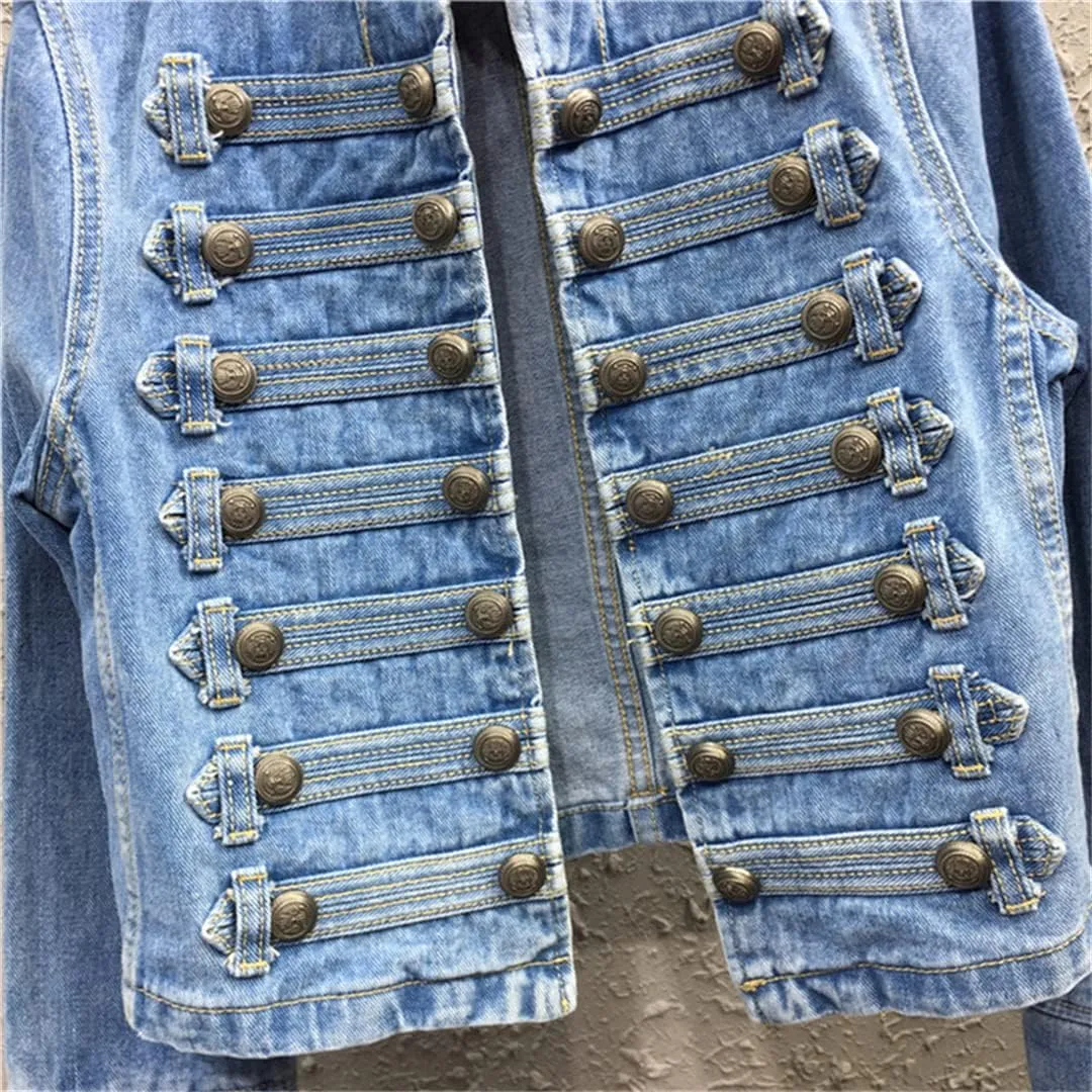 Hcclijo Patchwork Button Blue Denim Coat For Women Stand Collar Long Sleeve Loose Jackets Spring Jean Jacket