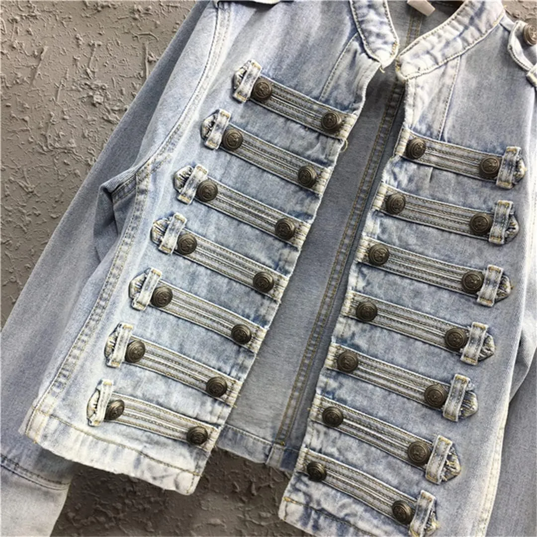 Hcclijo Patchwork Button Blue Denim Coat For Women Stand Collar Long Sleeve Loose Jackets Spring Jean Jacket