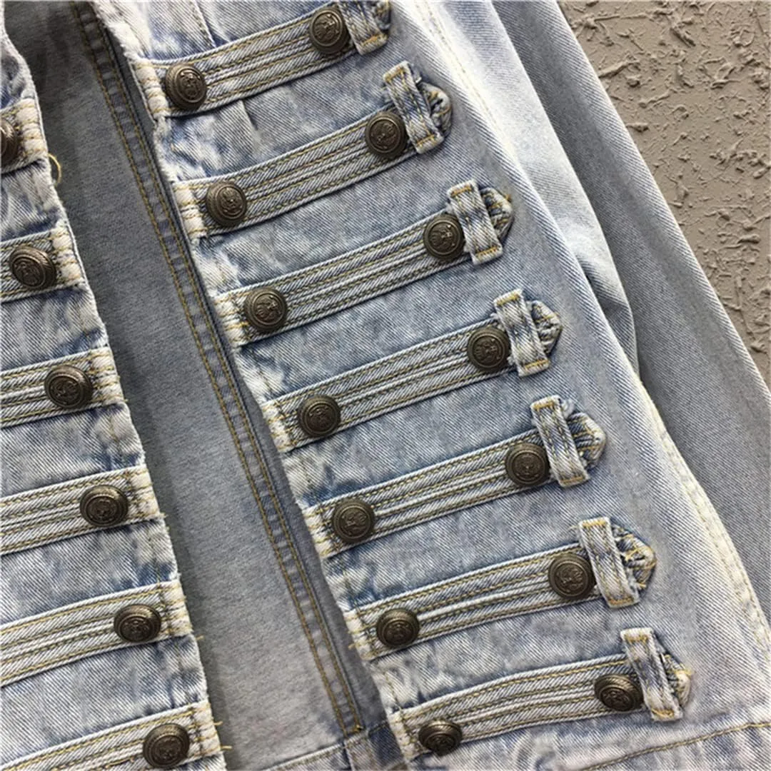 Hcclijo Patchwork Button Blue Denim Coat For Women Stand Collar Long Sleeve Loose Jackets Spring Jean Jacket