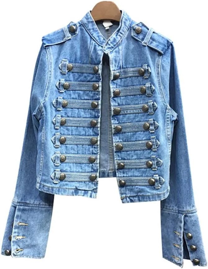 Hcclijo Patchwork Button Blue Denim Coat For Women Stand Collar Long Sleeve Loose Jackets Spring Jean Jacket