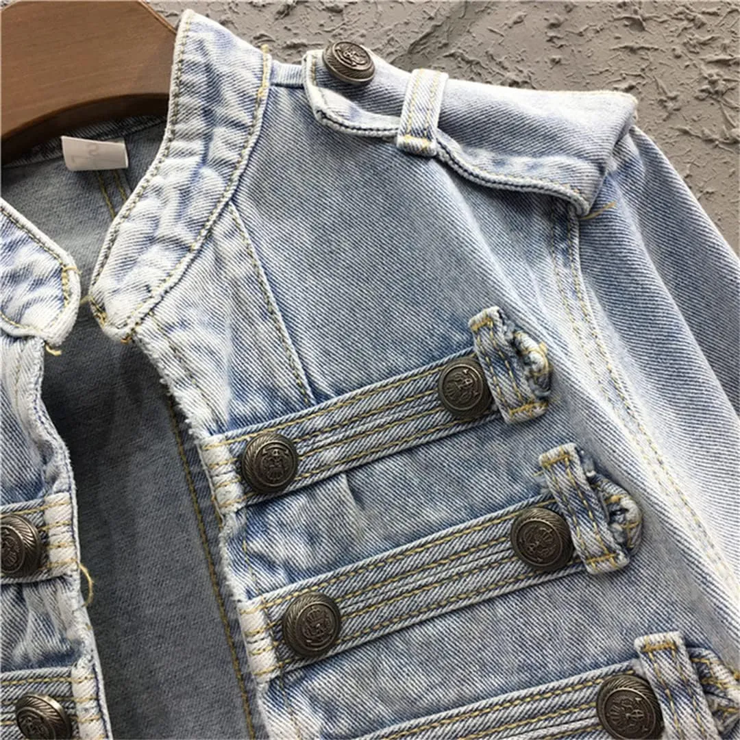 Hcclijo Patchwork Button Blue Denim Coat For Women Stand Collar Long Sleeve Loose Jackets Spring Jean Jacket