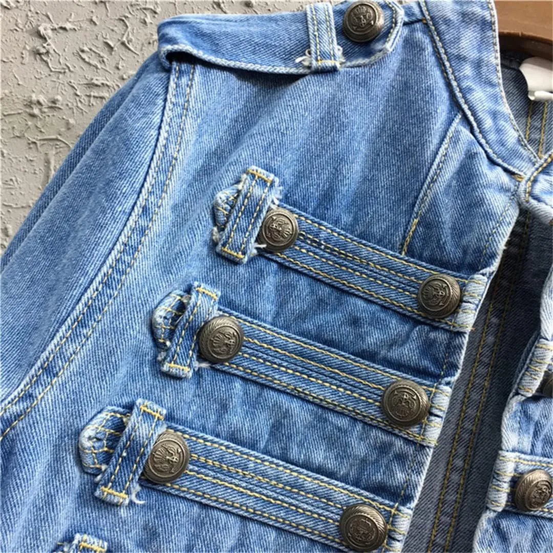 Hcclijo Patchwork Button Blue Denim Coat For Women Stand Collar Long Sleeve Loose Jackets Spring Jean Jacket