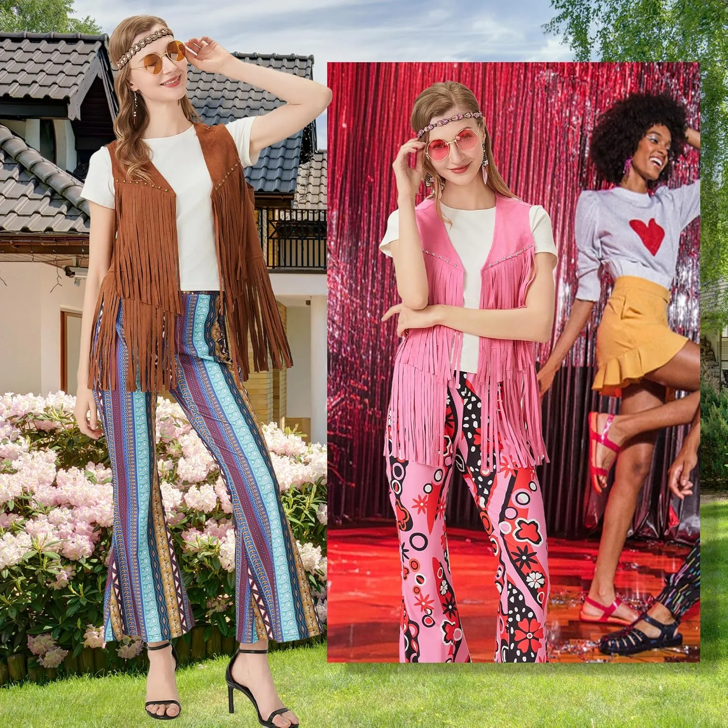 Hippie Costume Women 60s 70s Motown Disco Outfits Hippy Fringe Vest Boho Flared Pants