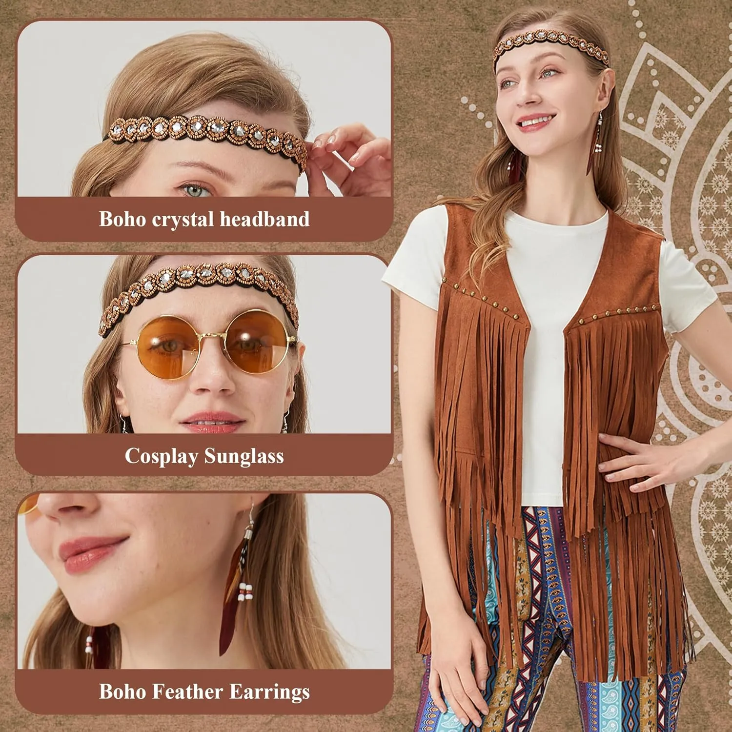 Hippie Costume Women 60s 70s Motown Disco Outfits Hippy Fringe Vest Boho Flared Pants