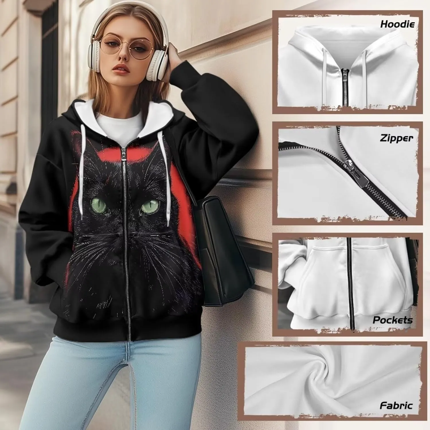 Irisjudy Black Cat Women's Full Zip Up Hoodie LGBT Love Oversized Sweatshirts Street Graffiti Fall Y2K Hoodies with Pockets