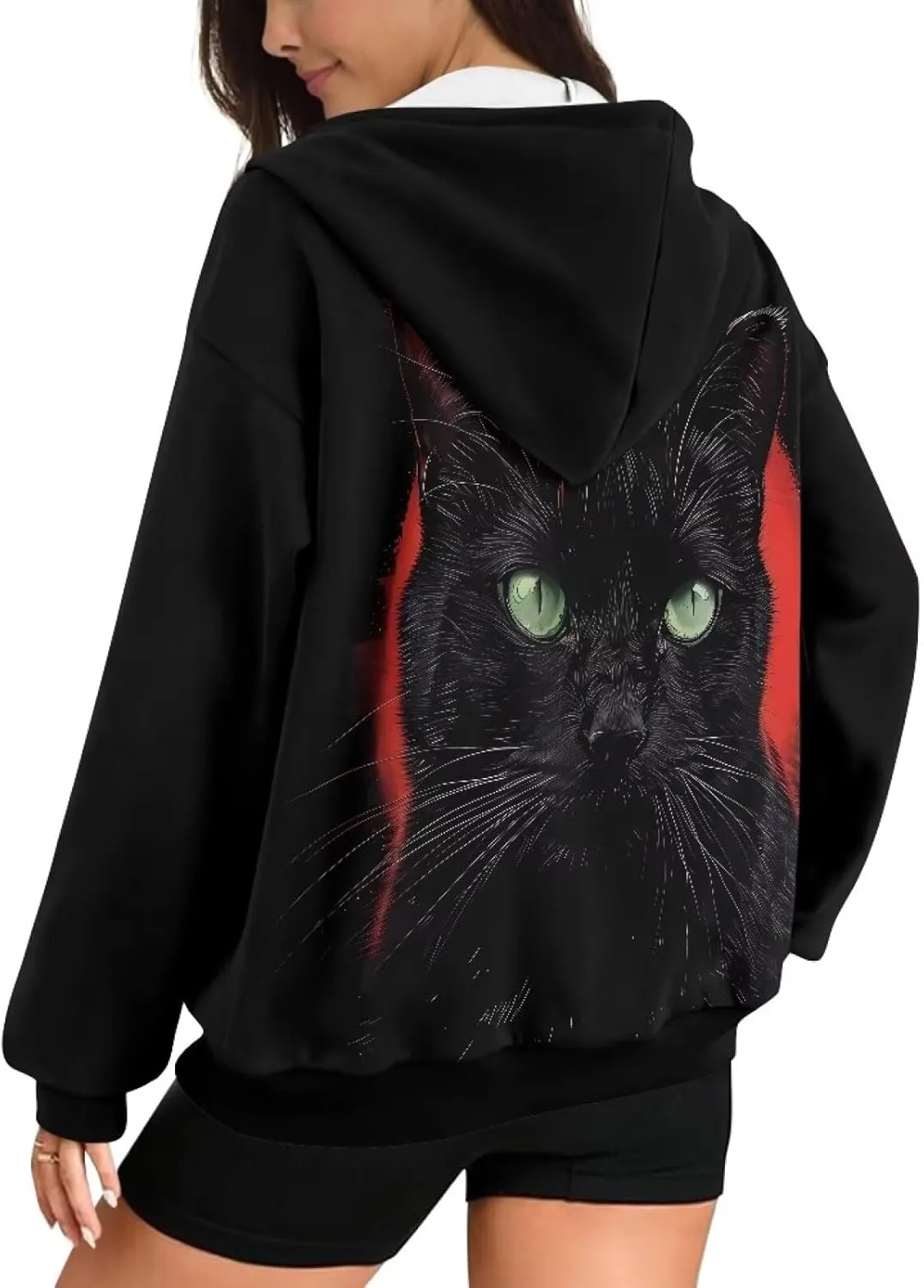 Irisjudy Black Cat Women's Full Zip Up Hoodie LGBT Love Oversized Sweatshirts Street Graffiti Fall Y2K Hoodies with Pockets