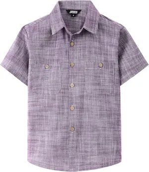 JOGAL Boys Chambray Shirts Short Sleeve Button Down Casual Cotton Woven Shirt with Two Pockets for Kids 6-14 Years