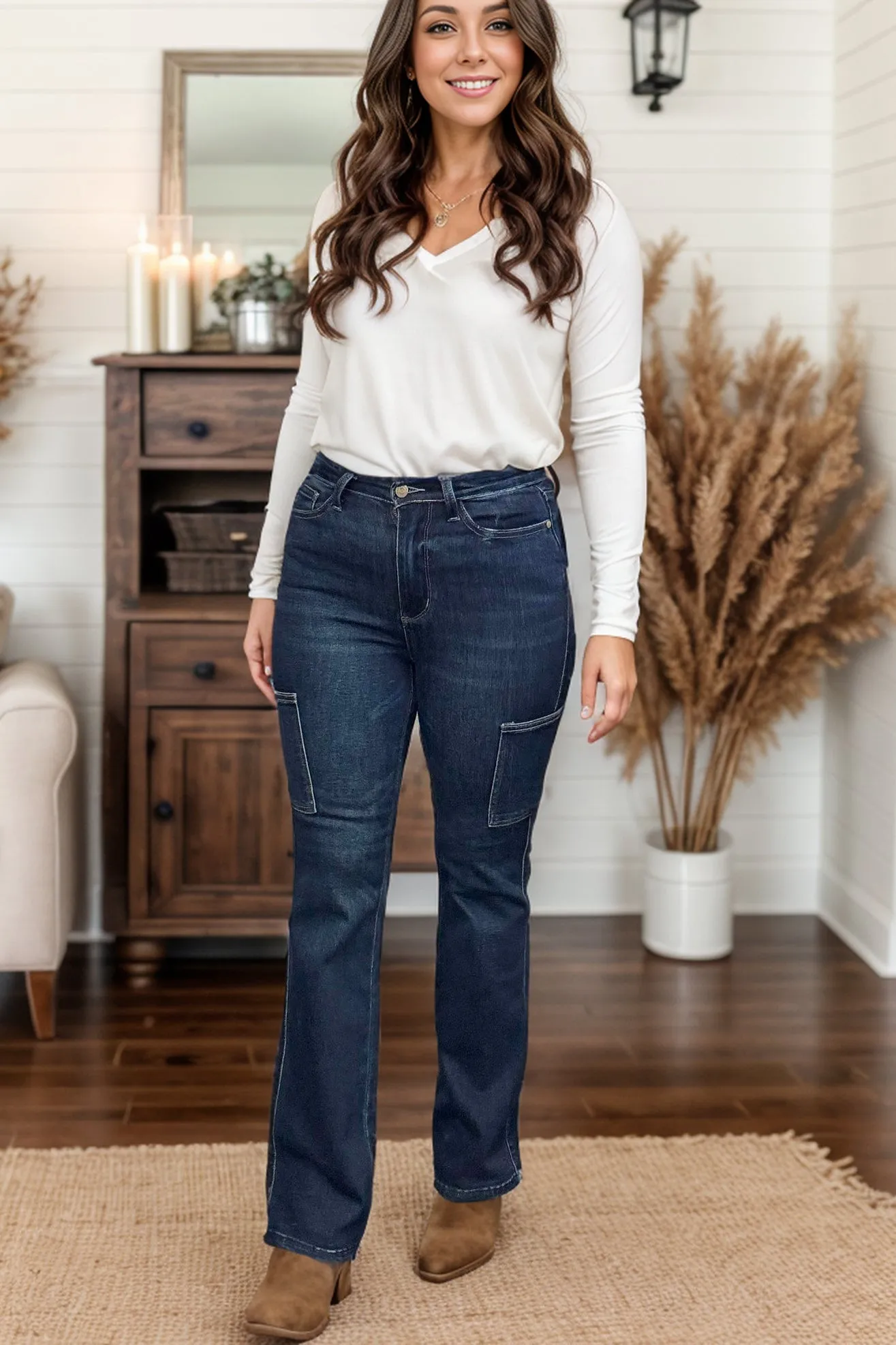 Judy Blue Great Outdoors Cargo Bootcut Jeans in Dark Wash