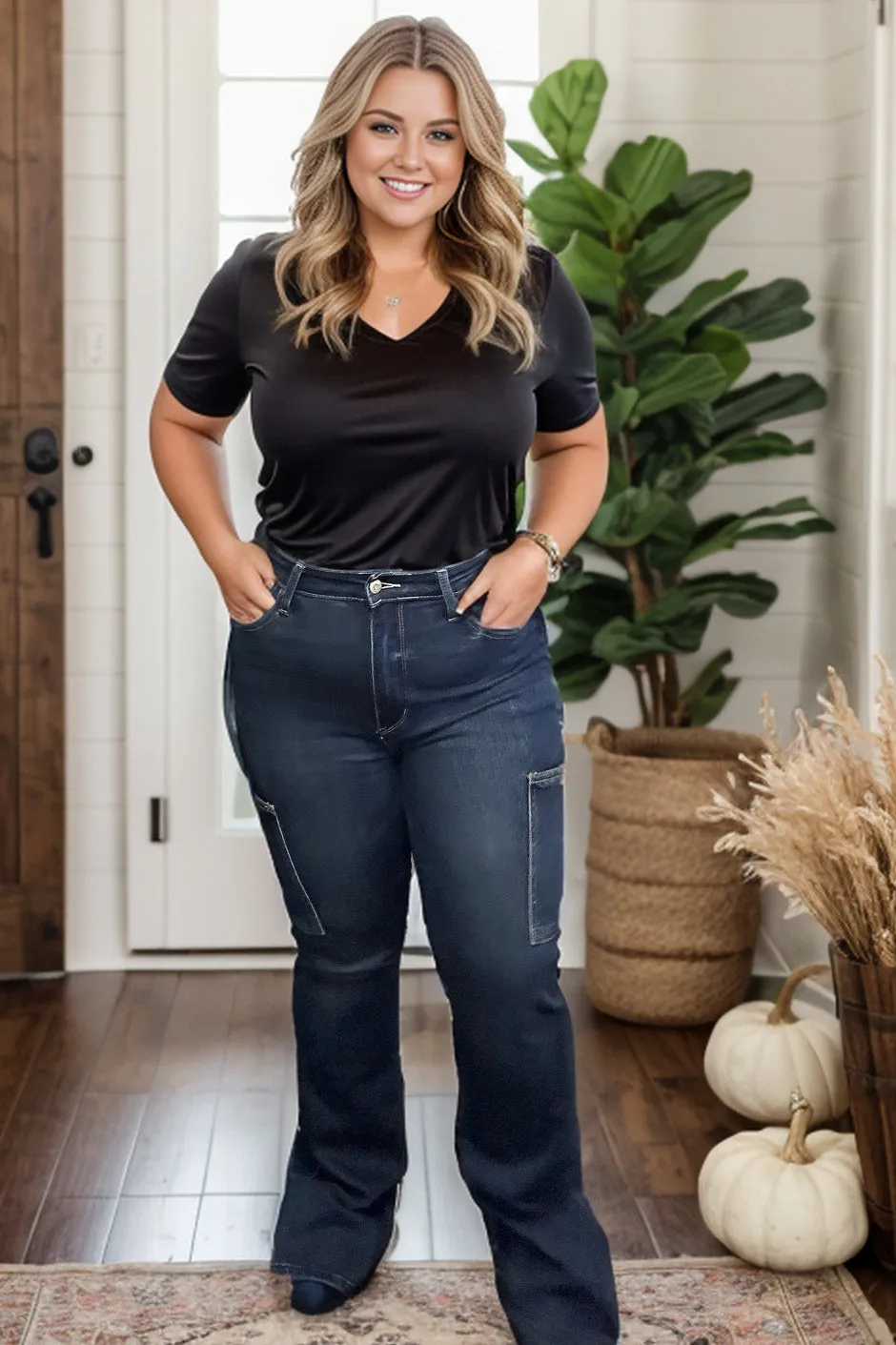 Judy Blue Great Outdoors Cargo Bootcut Jeans in Dark Wash