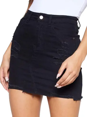 Just Quella Women's Stretch Washed Vintage Jean Skirt Fringed Slim Fit Denim Mini Skirt