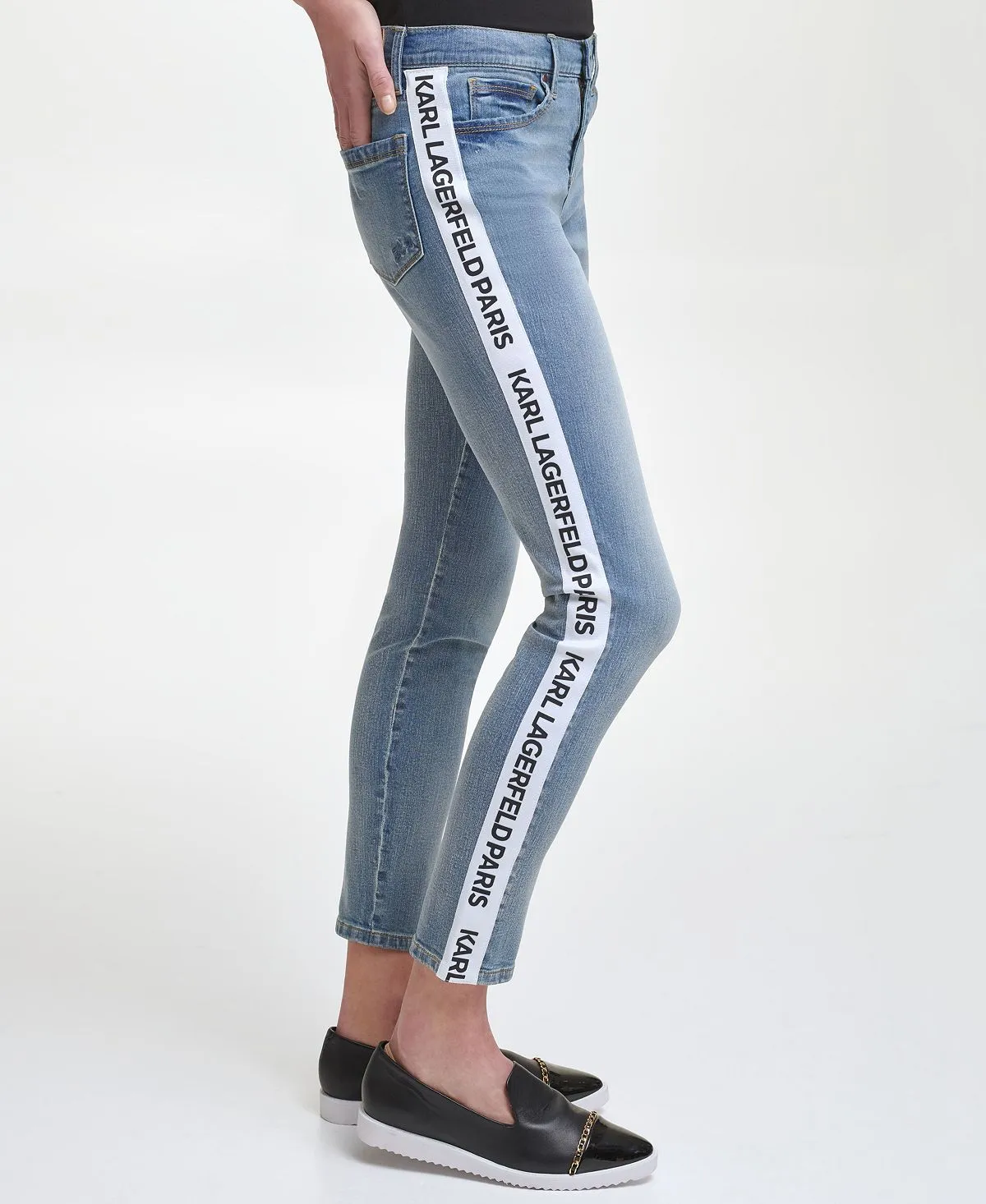 KARL LAGERFELD PARIS women's jeans with contrasting logo piping, blue