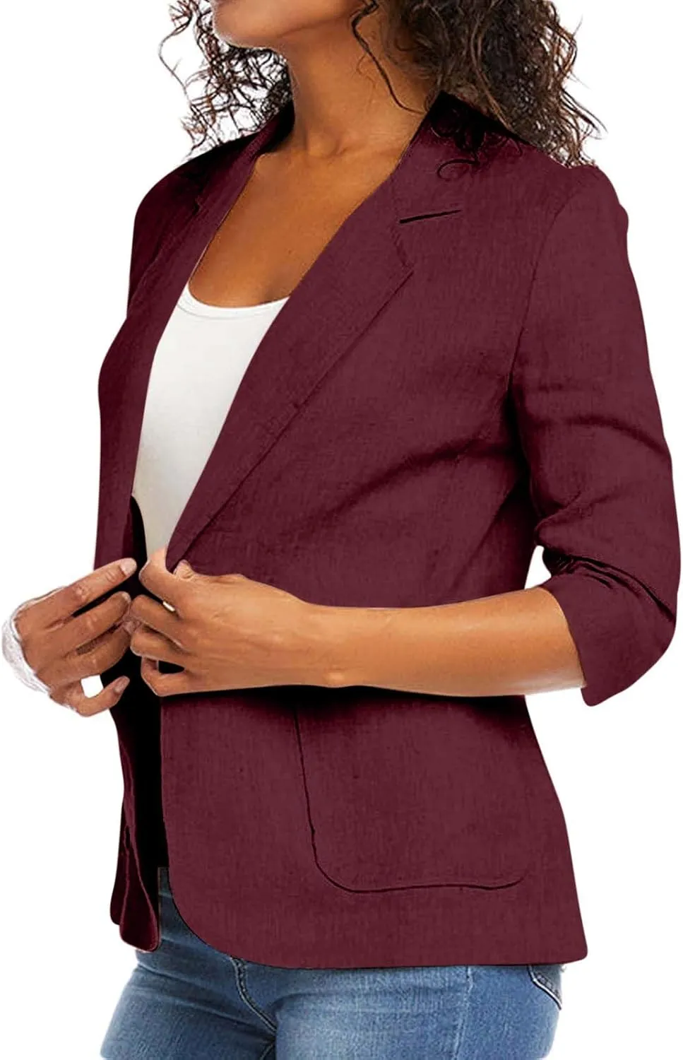 Linen Blazer for Women Lightweight 3/4 Length Sleeve Fully-Lined Casual Button Down Work Jacket with Pockets