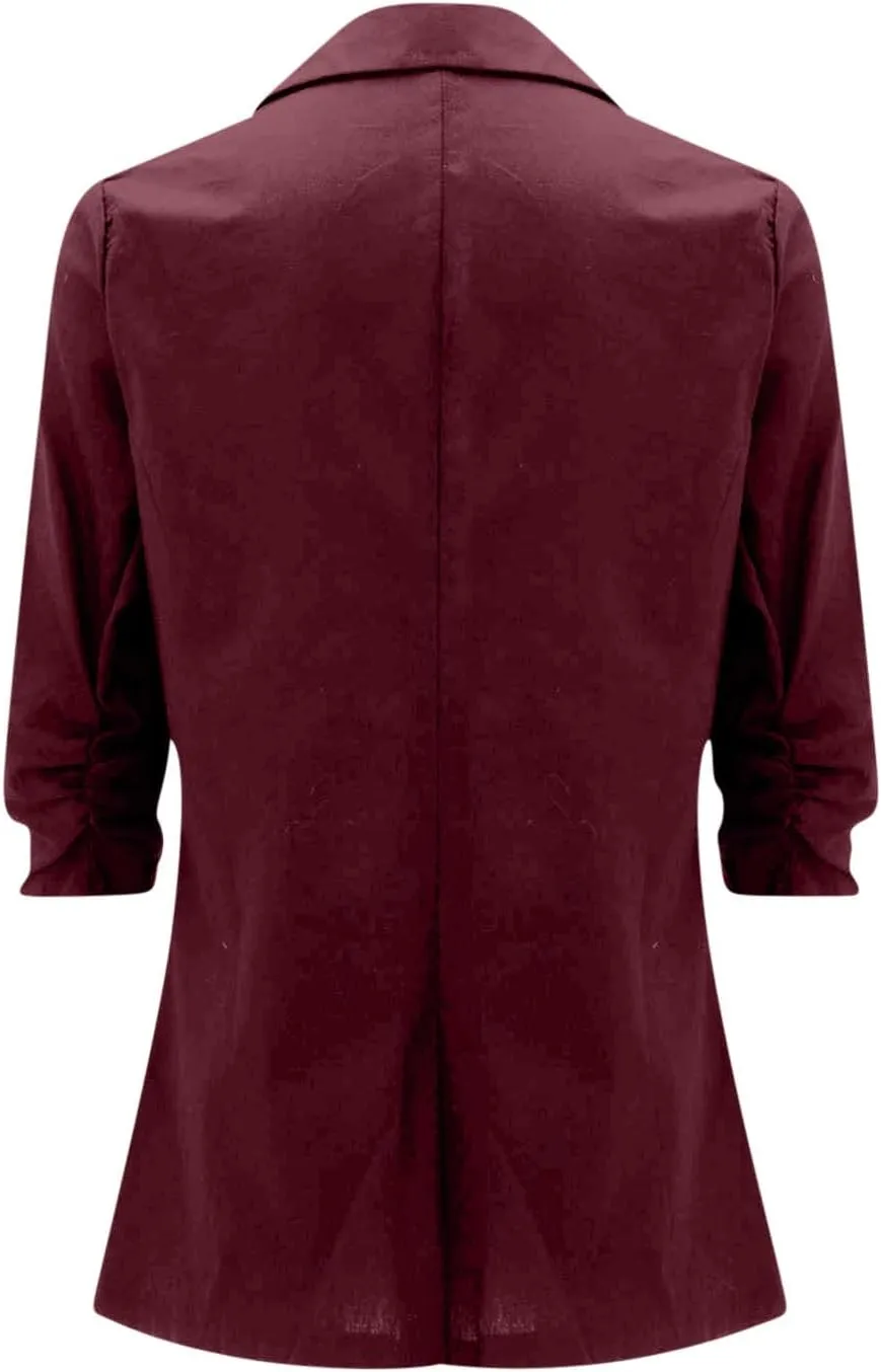 Linen Blazer for Women Lightweight 3/4 Length Sleeve Fully-Lined Casual Button Down Work Jacket with Pockets