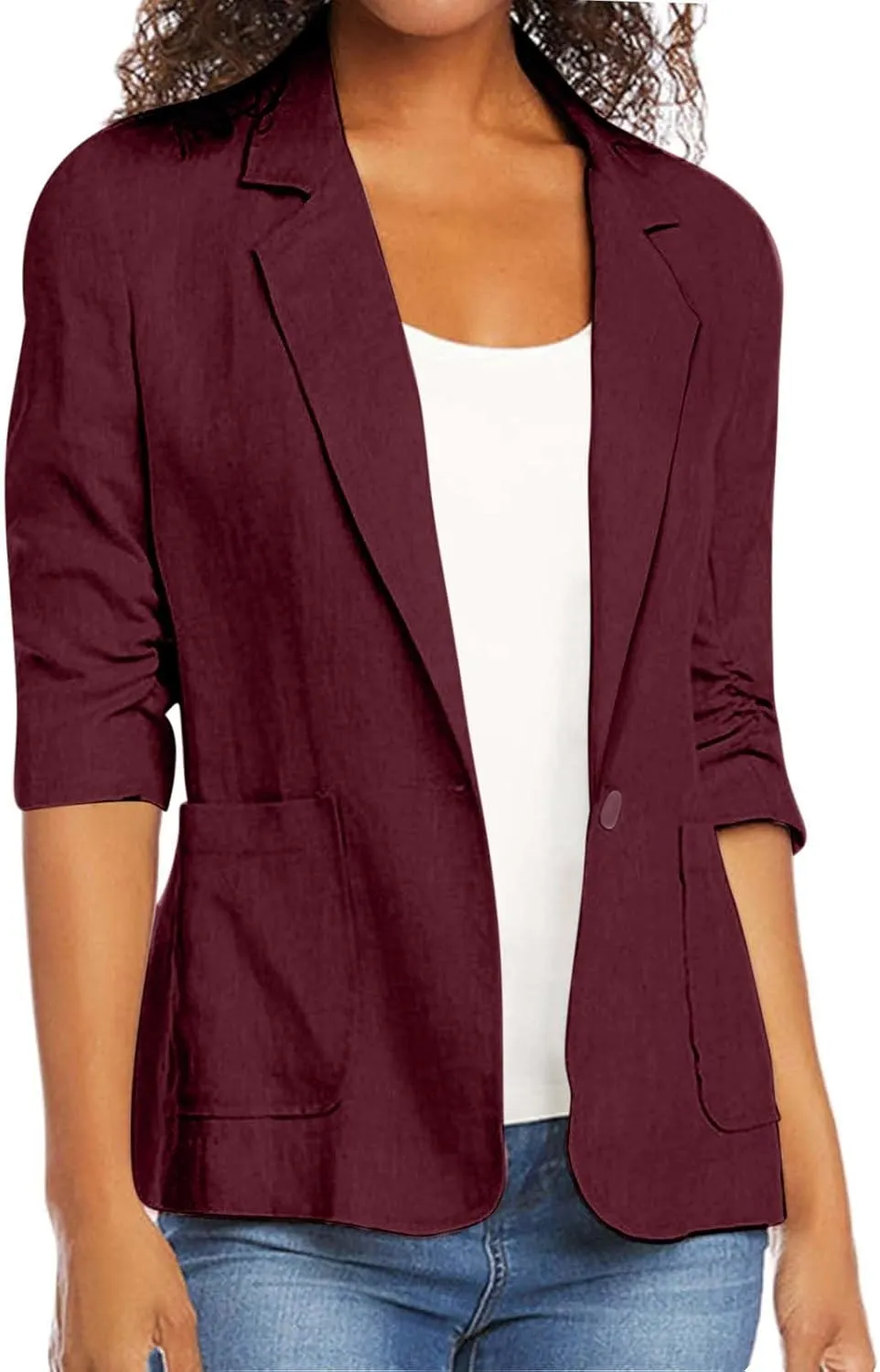 Linen Blazer for Women Lightweight 3/4 Length Sleeve Fully-Lined Casual Button Down Work Jacket with Pockets