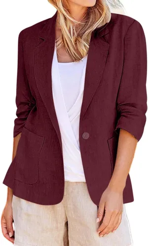 Linen Blazer for Women Lightweight 3/4 Length Sleeve Fully-Lined Casual Button Down Work Jacket with Pockets