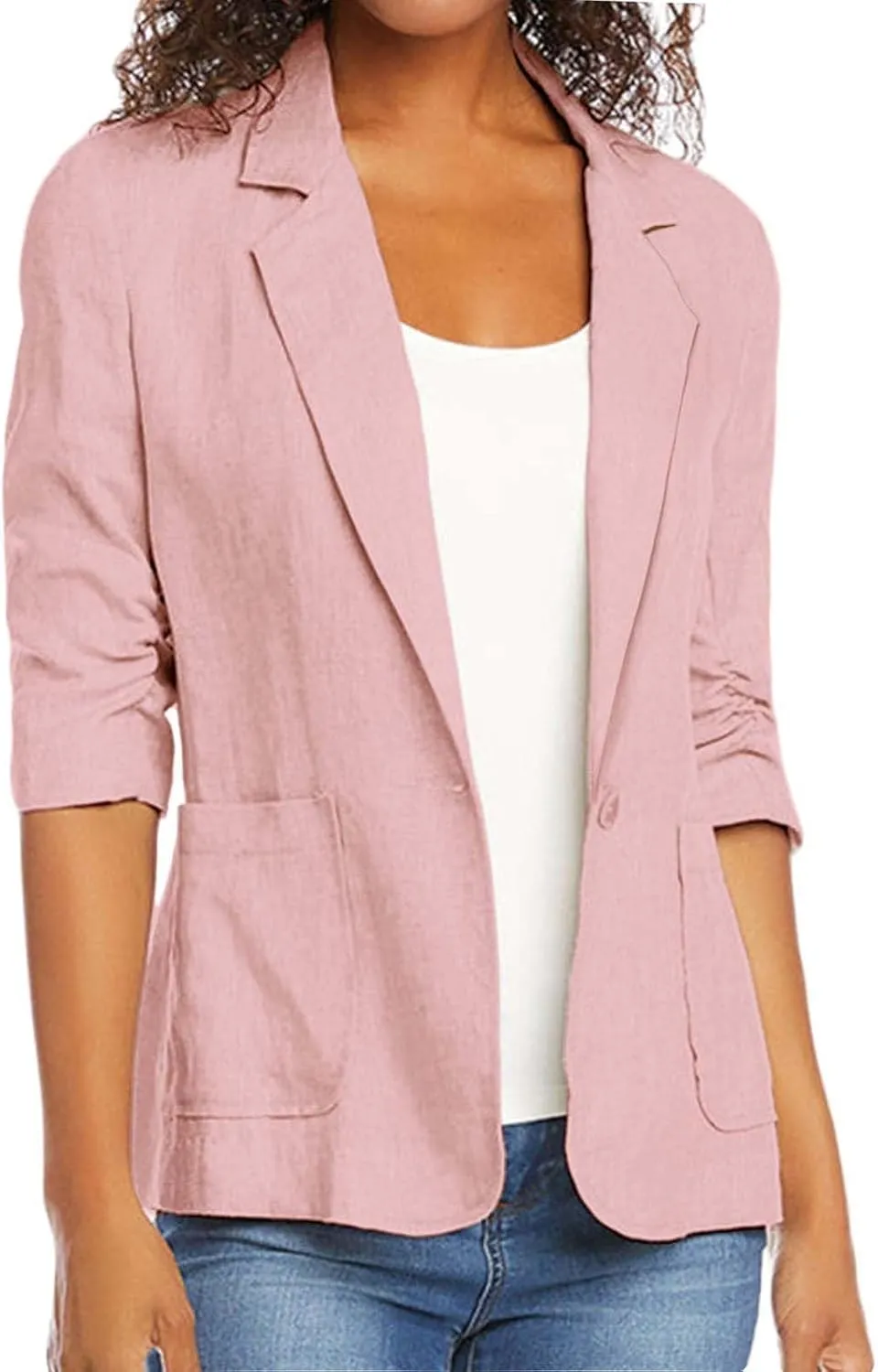 Linen Blazer Women Summer Lightweight 3/4 Sleeve Jacket Dressy Open Front Cardigan Business Casual Work Outfits