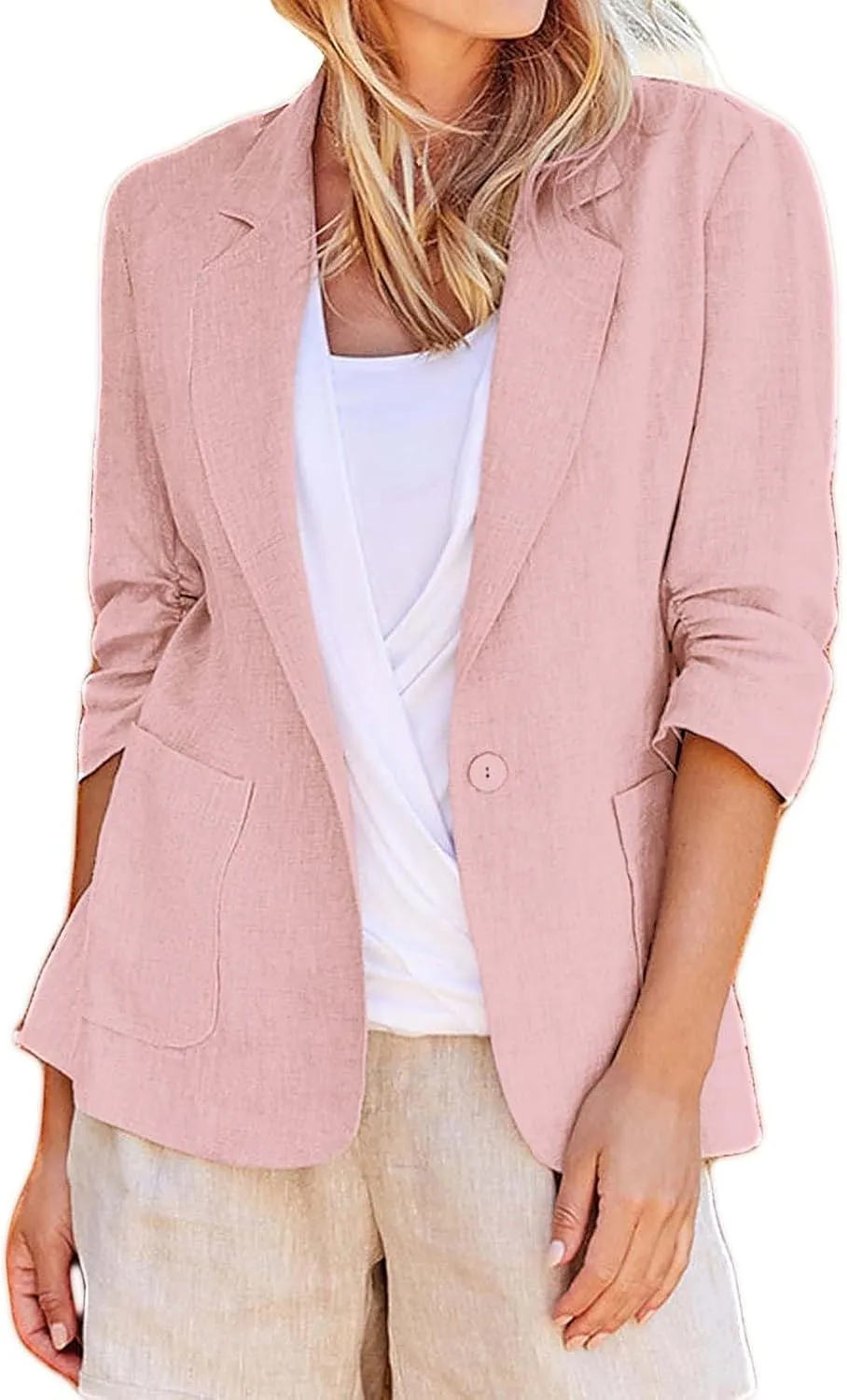 Linen Blazer Women Summer Lightweight 3/4 Sleeve Jacket Dressy Open Front Cardigan Business Casual Work Outfits