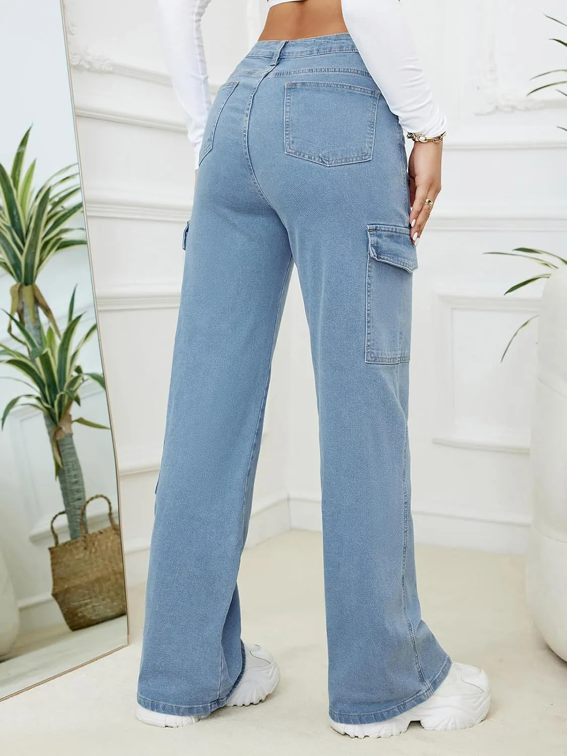 LONGBIDA Women's High Waisted Cargo Jeans Y2K Straight Wide Leg Baggy Jean Loose Denim Cargos Pants Trousers