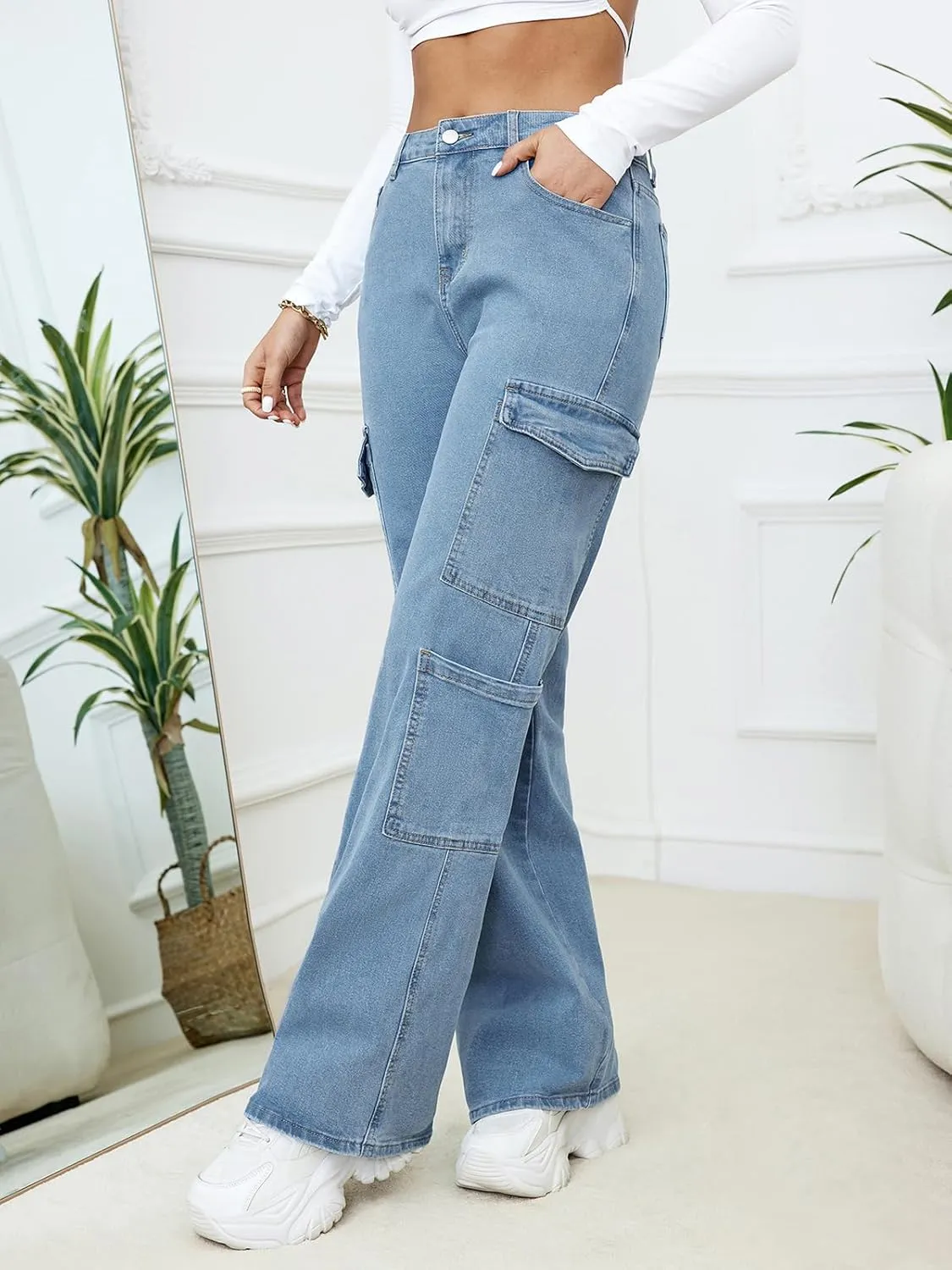 LONGBIDA Women's High Waisted Cargo Jeans Y2K Straight Wide Leg Baggy Jean Loose Denim Cargos Pants Trousers