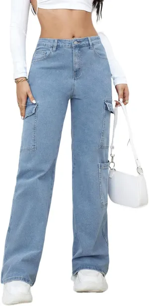 LONGBIDA Women's High Waisted Cargo Jeans Y2K Straight Wide Leg Baggy Jean Loose Denim Cargos Pants Trousers