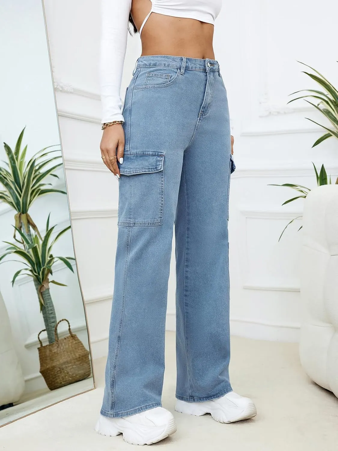 LONGBIDA Women's High Waisted Cargo Jeans Y2K Straight Wide Leg Baggy Jean Loose Denim Cargos Pants Trousers