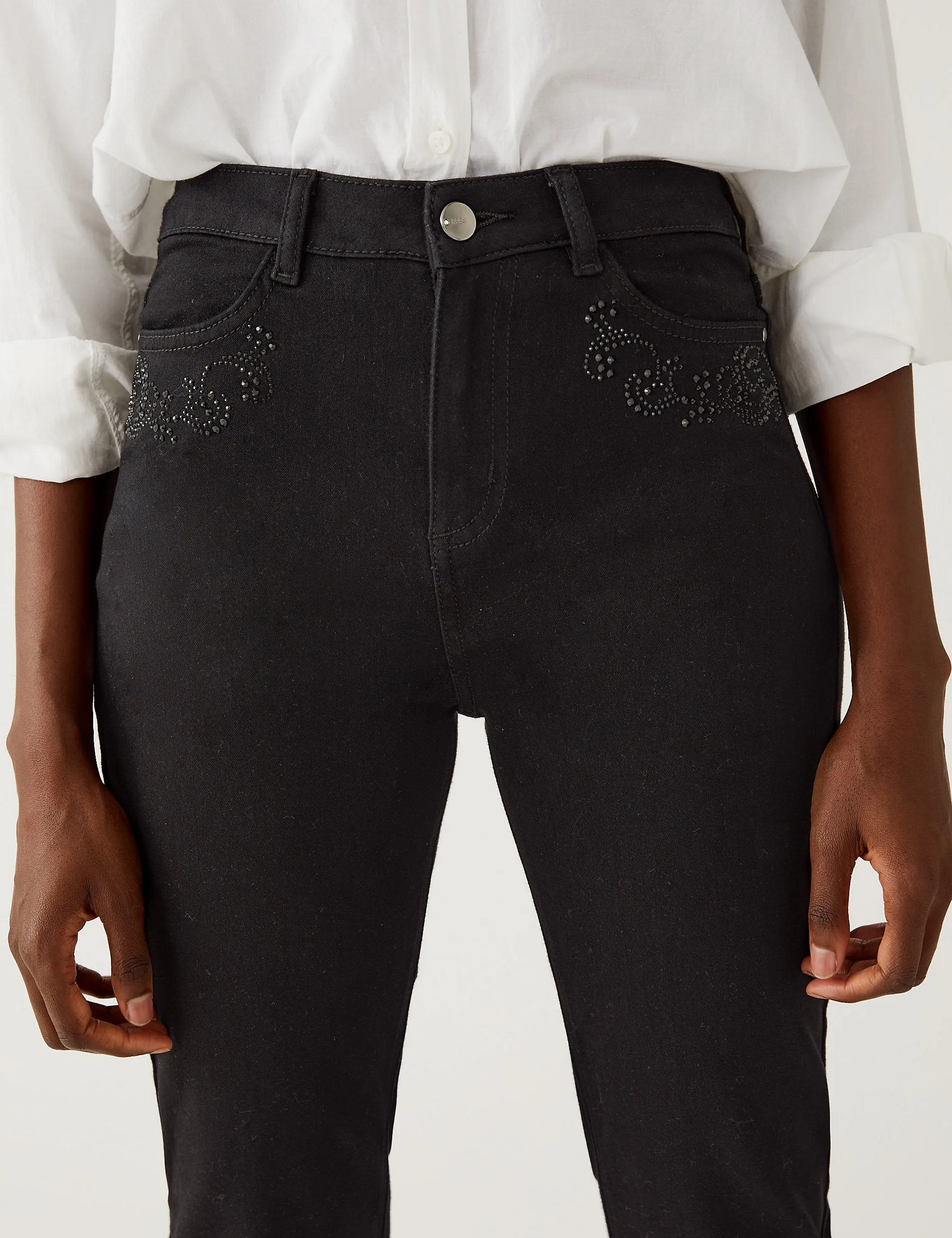 Marks & Spencer High Waist Embellished Straight Fit Jeans, Black