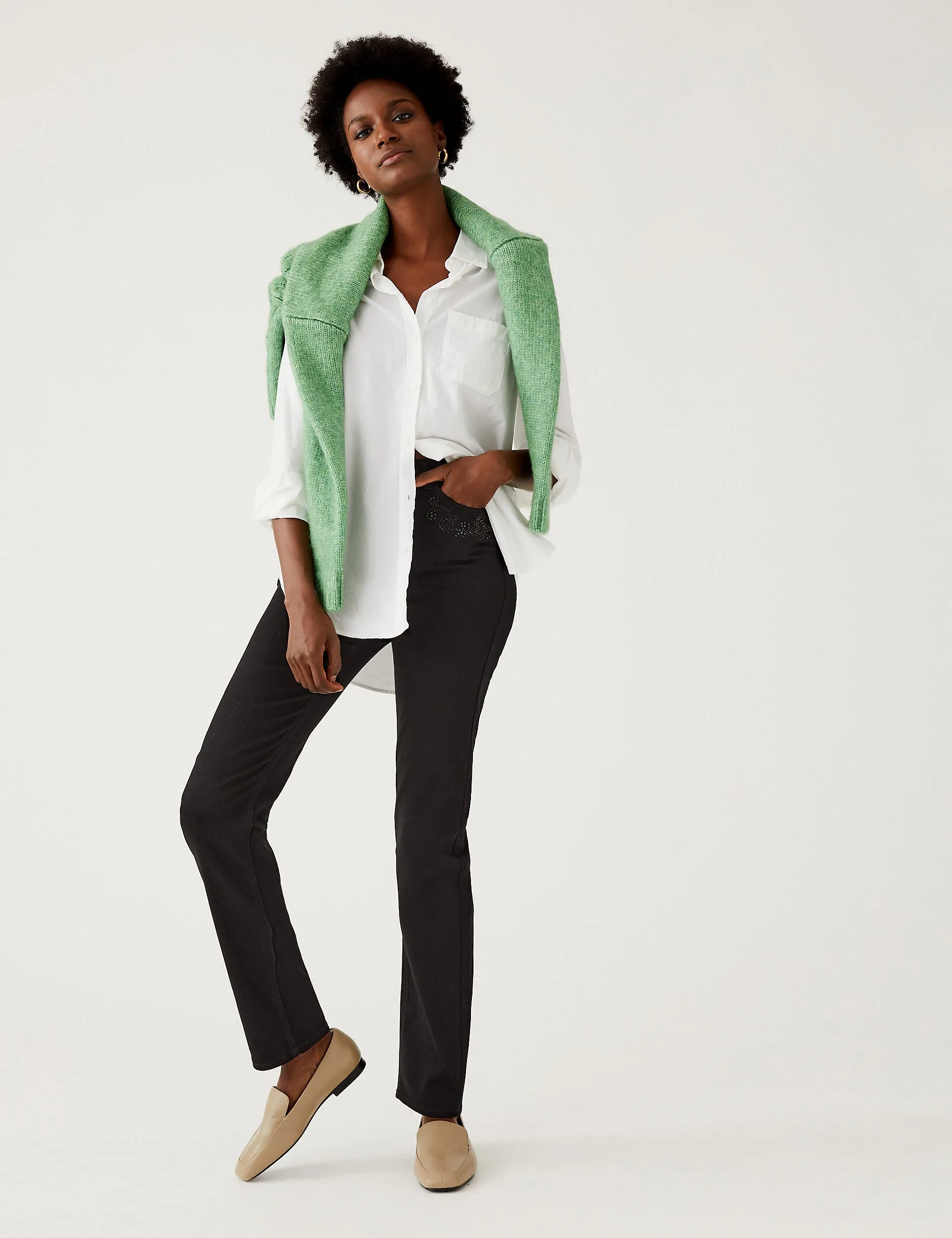 Marks & Spencer High Waist Embellished Straight Fit Jeans, Black
