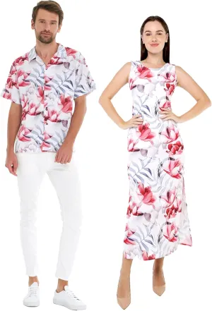 Matchable Couple Hawaiian Luau Men Shirt or Women Maxi Tank Dress in Misty Lotus White