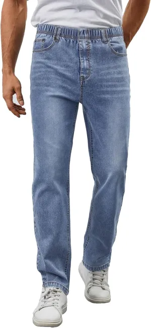Mens Elastic Waist Jeans Relaxed Fit Stretch Denim Pants Straight Leg Jean with Zipper