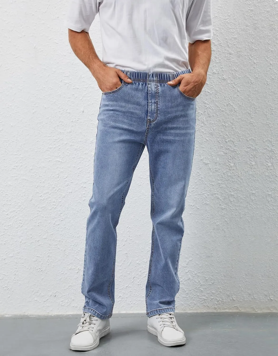 Mens Elastic Waist Jeans Relaxed Fit Stretch Denim Pants Straight Leg Jean with Zipper