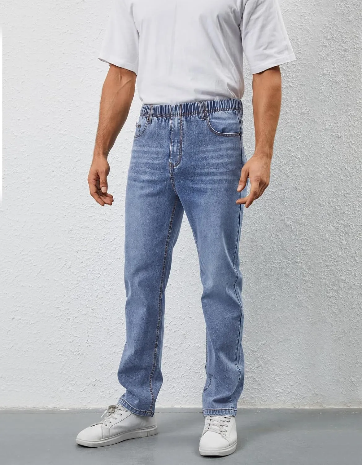 Mens Elastic Waist Jeans Relaxed Fit Stretch Denim Pants Straight Leg Jean with Zipper