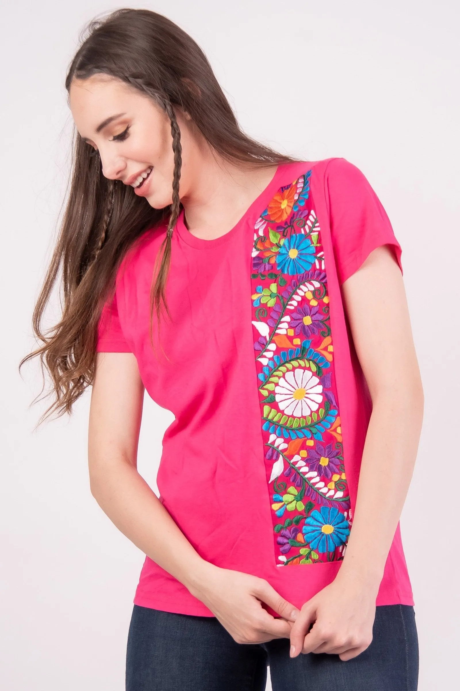 Mexican Embroidered T-Shirt Floral Hot Pink