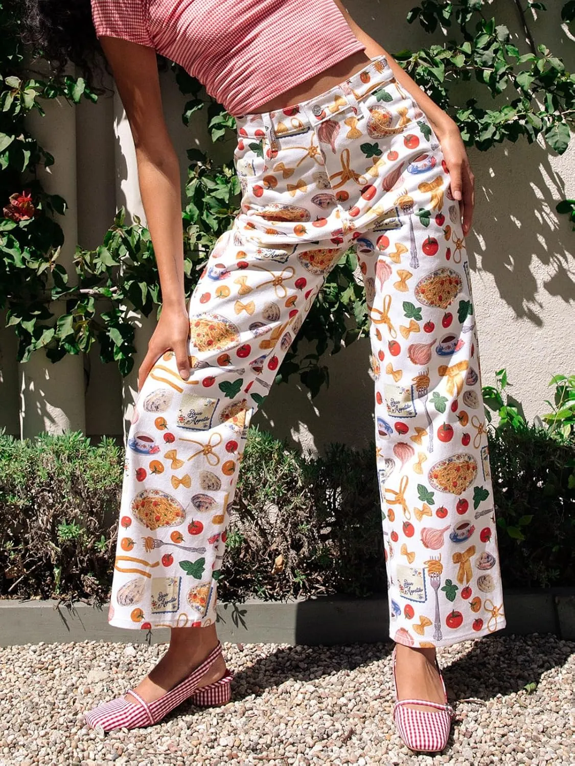 Muineobuka Women Y2k Fruit Print Jeans Graphic Print High Neck Straight Leg Denim Pants Aesthetic Jeans Summer Streetwear