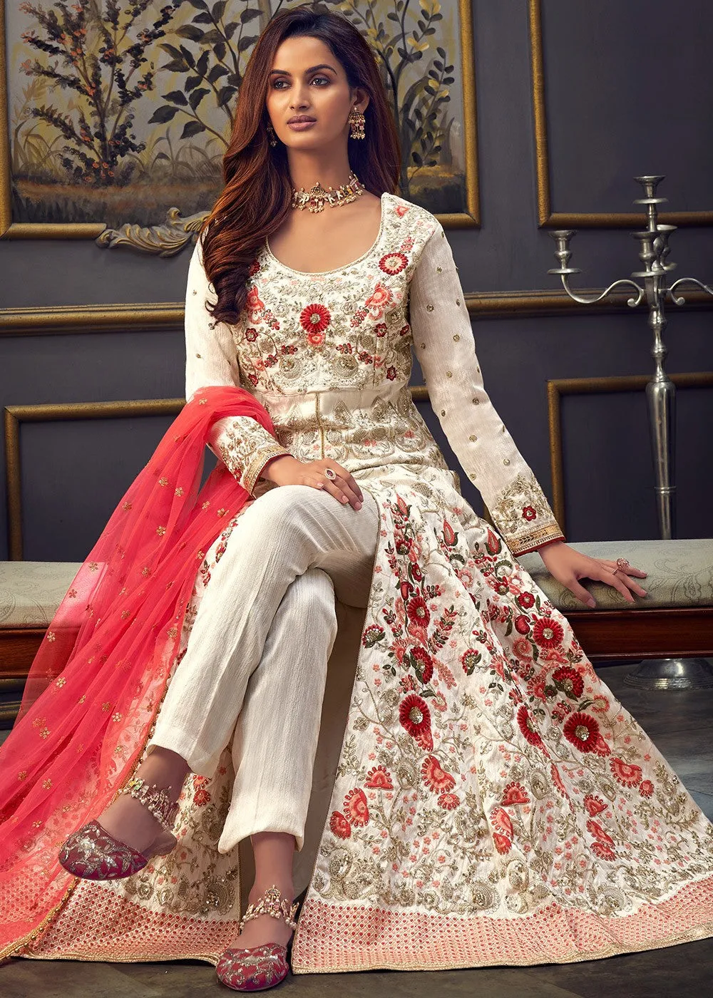 Off White Swarovski Pure Silk Designer Anarkali Suit
