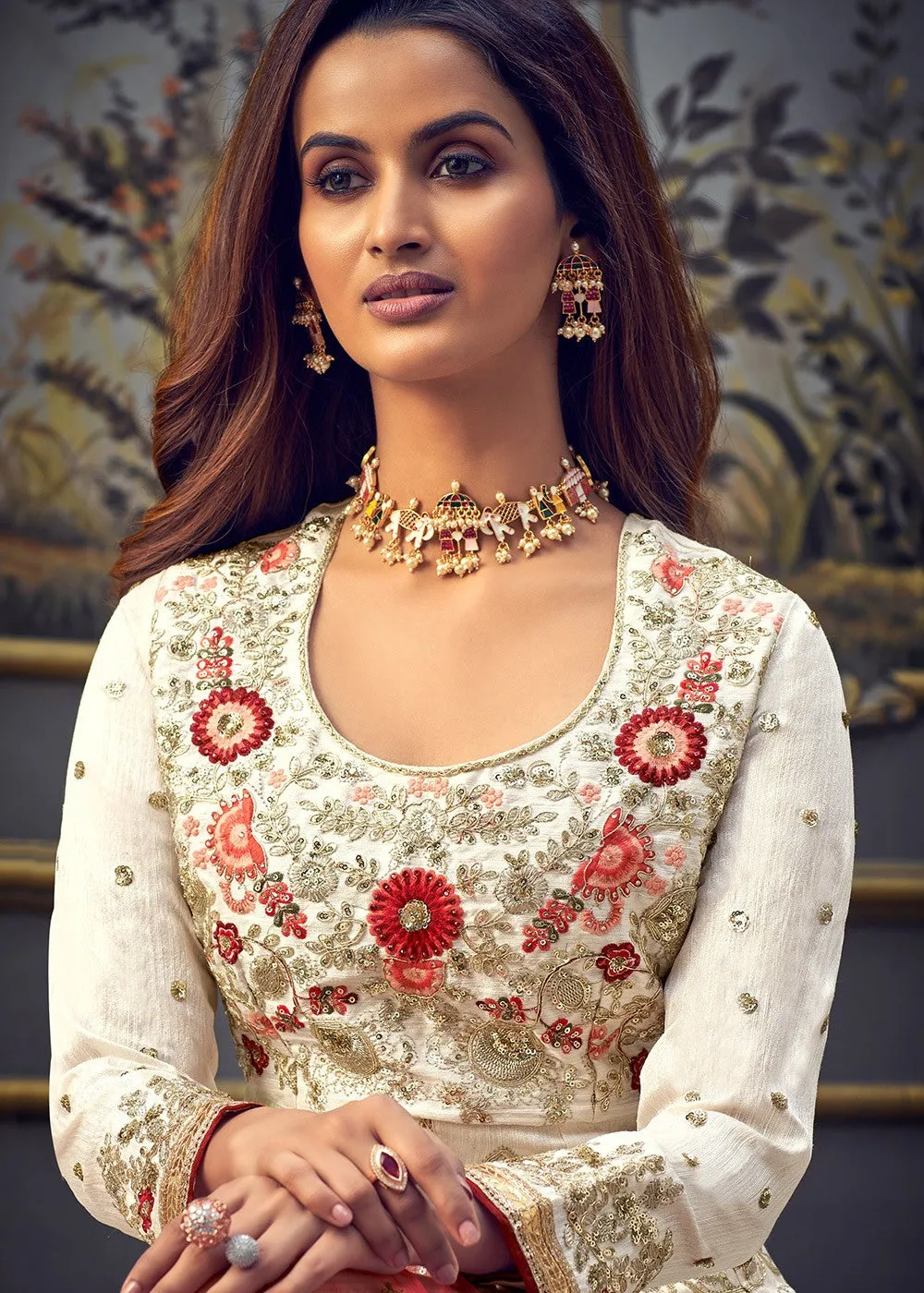 Off White Swarovski Pure Silk Designer Anarkali Suit