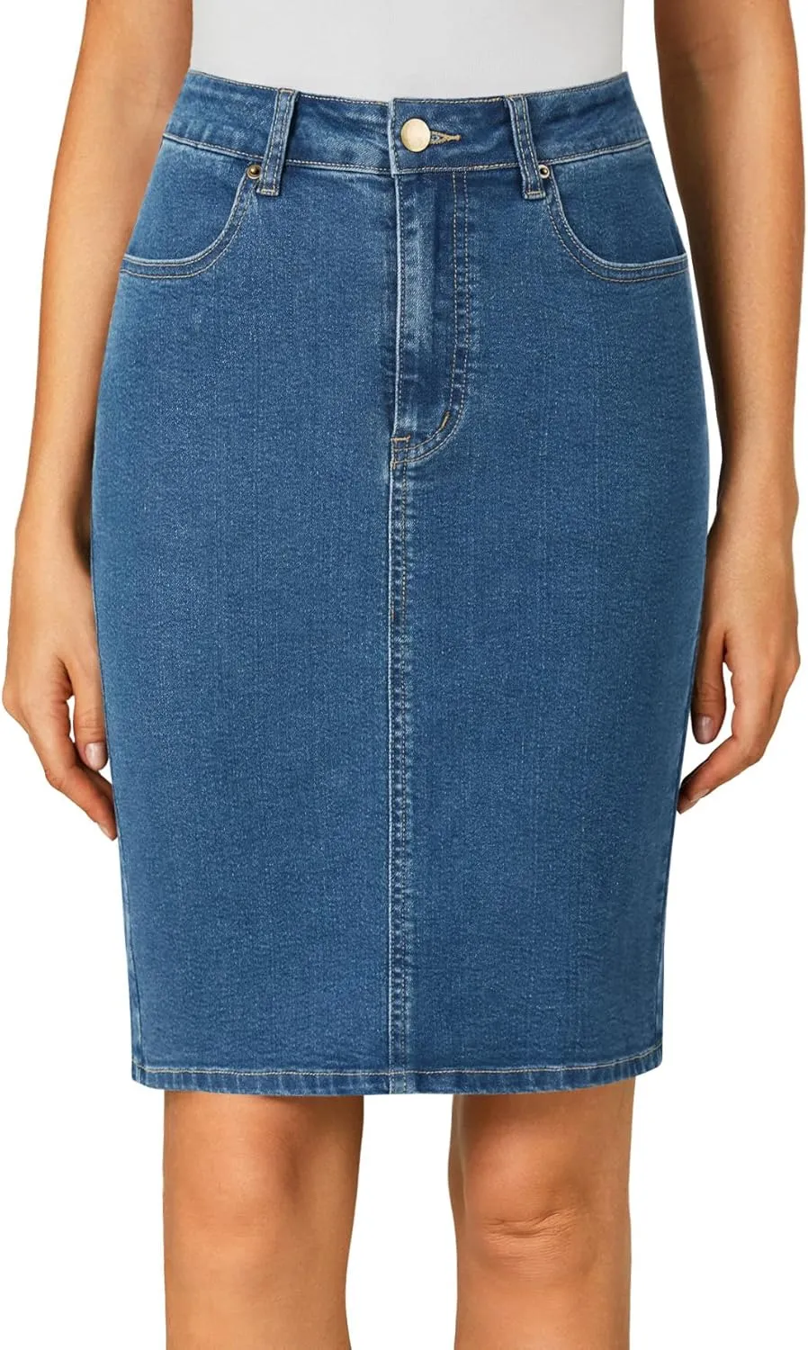 OPOIPIN Women's Casual Stretch High Waist Back Slit Denim Jean Knee Length Skirt